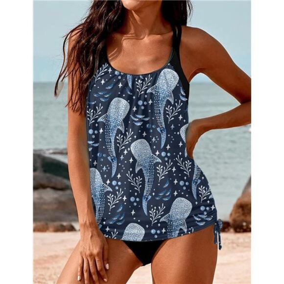 Cowgirl-Inspired Tankini Set - Sheer Floral Overlay & Ruched Blouson Top - Picture 3 of 7